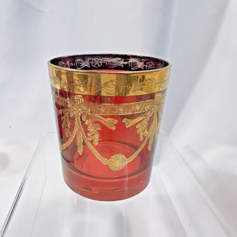Arte Glass Italica Glass Medici Pattern Ruby Red Gold Old Fashioned Gilded Glass